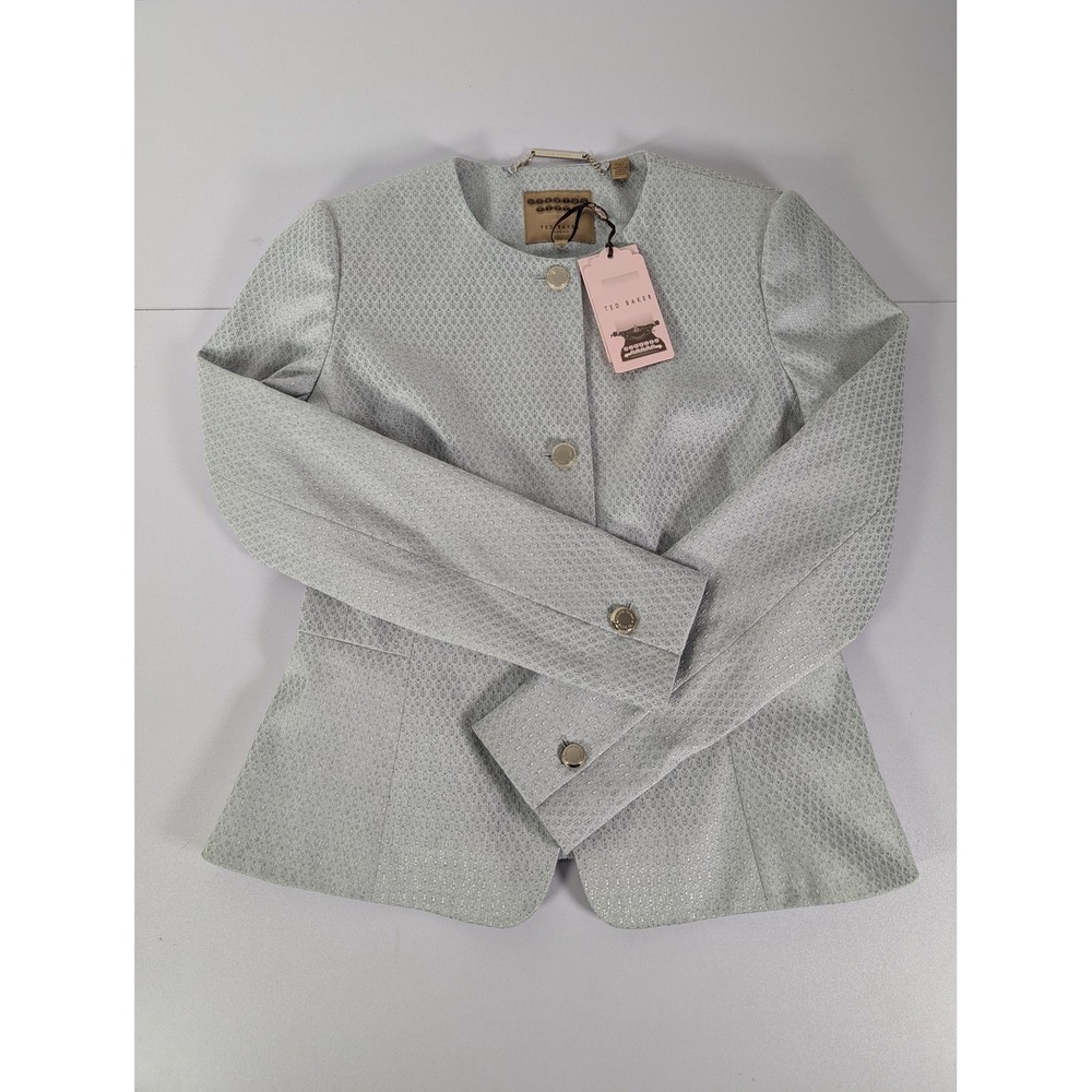 Ted Baker Blazer Suit Jacket Womens 3 Pale Blue Peplum Textured Jacquard Lined‎ - Picture 5 of 16